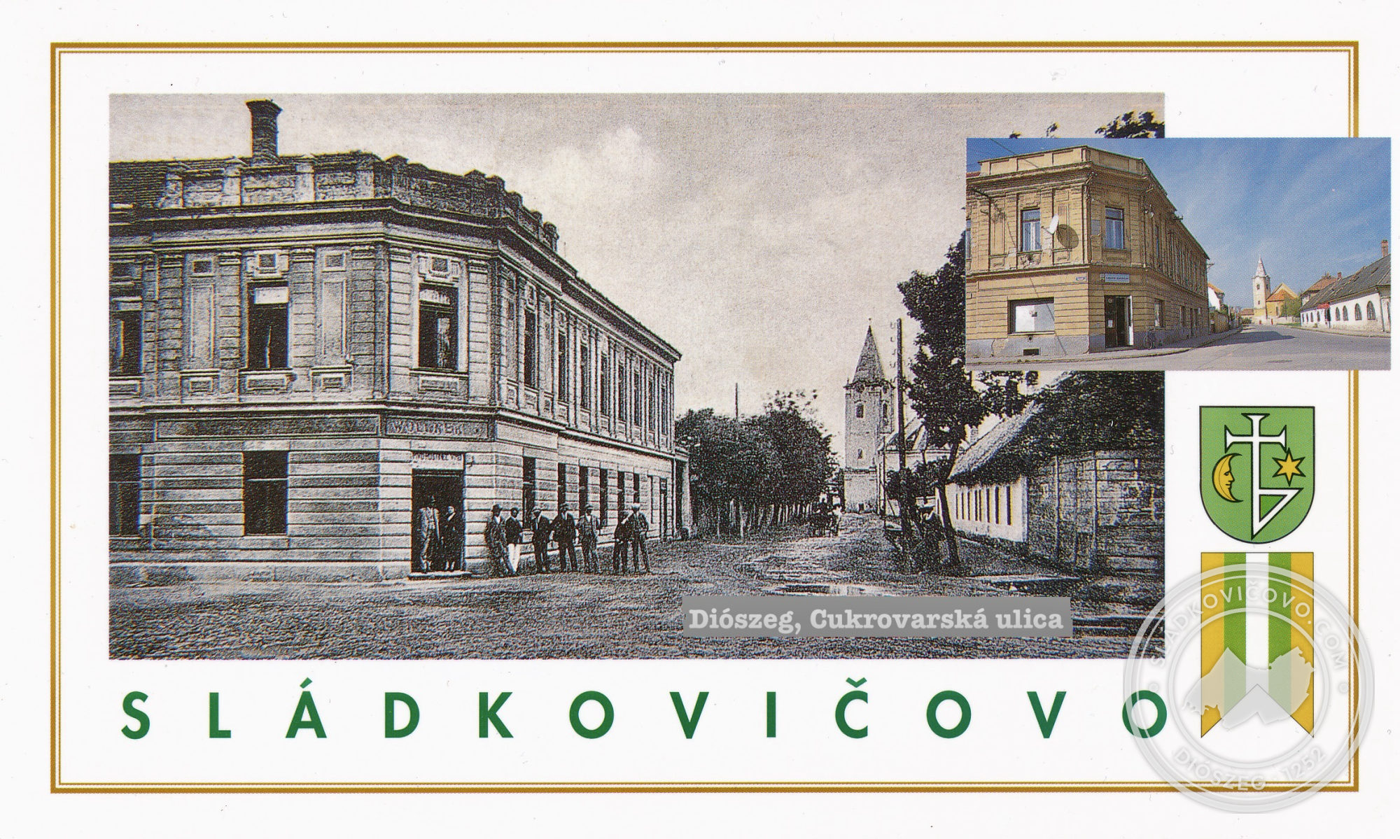 Ritka képeslap a Cukorgyári utca fényképével, balra a Wollner szálló, a háttérben a templommal.